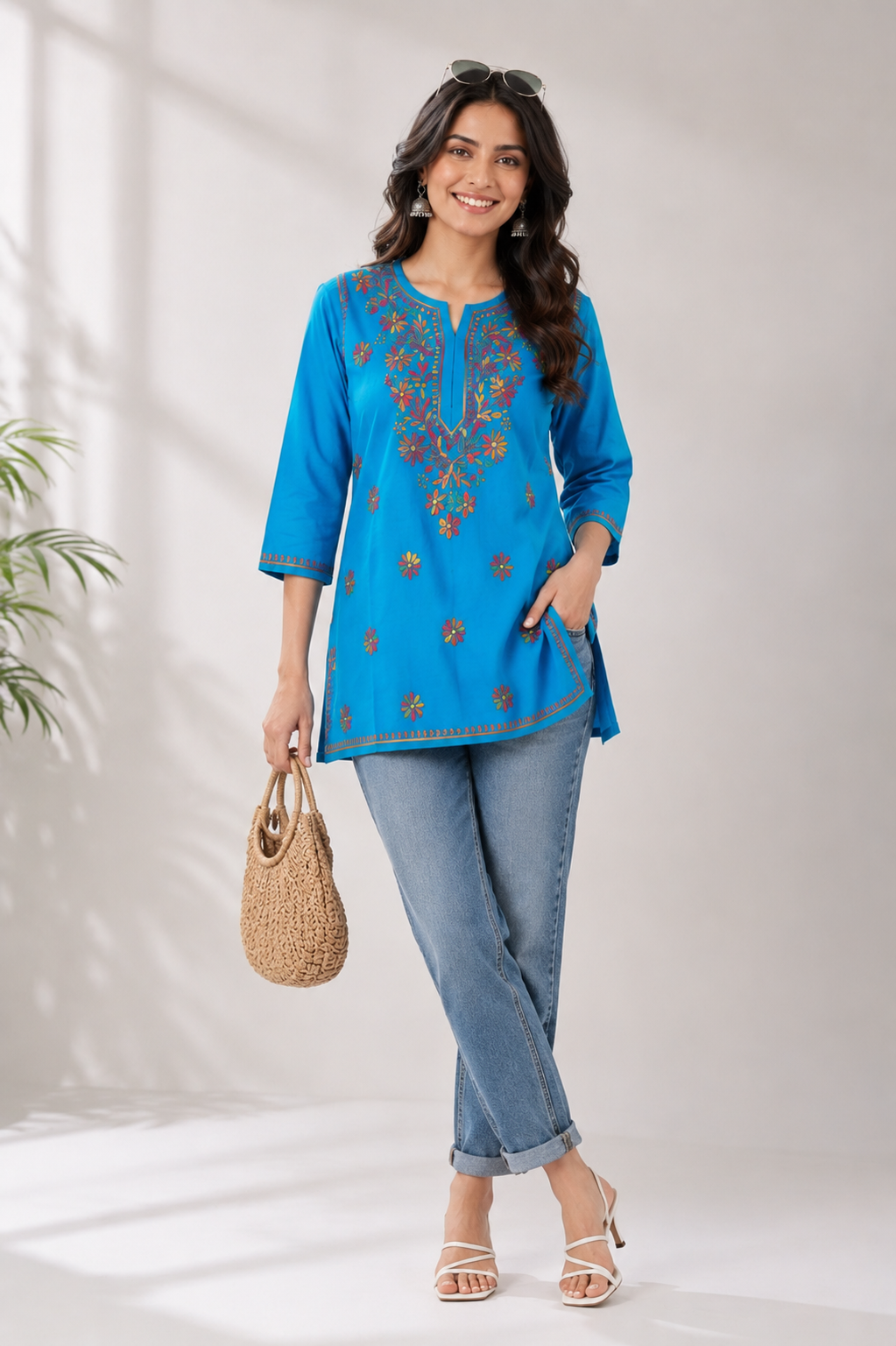 Blue Multicolor Cotton Chikankari Kurti for Women | Lucknowi Hand Embroidered Short Kurti | The Kashi House