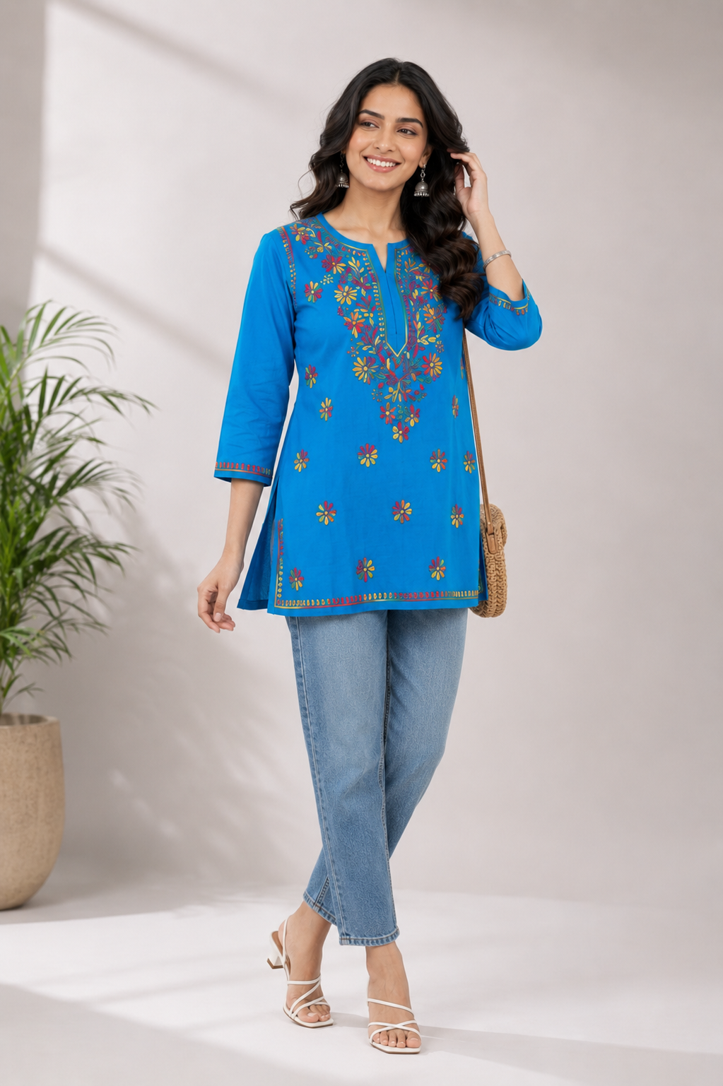 Blue Multicolor Cotton Chikankari Kurti for Women | Lucknowi Hand Embroidered Short Kurti | The Kashi House