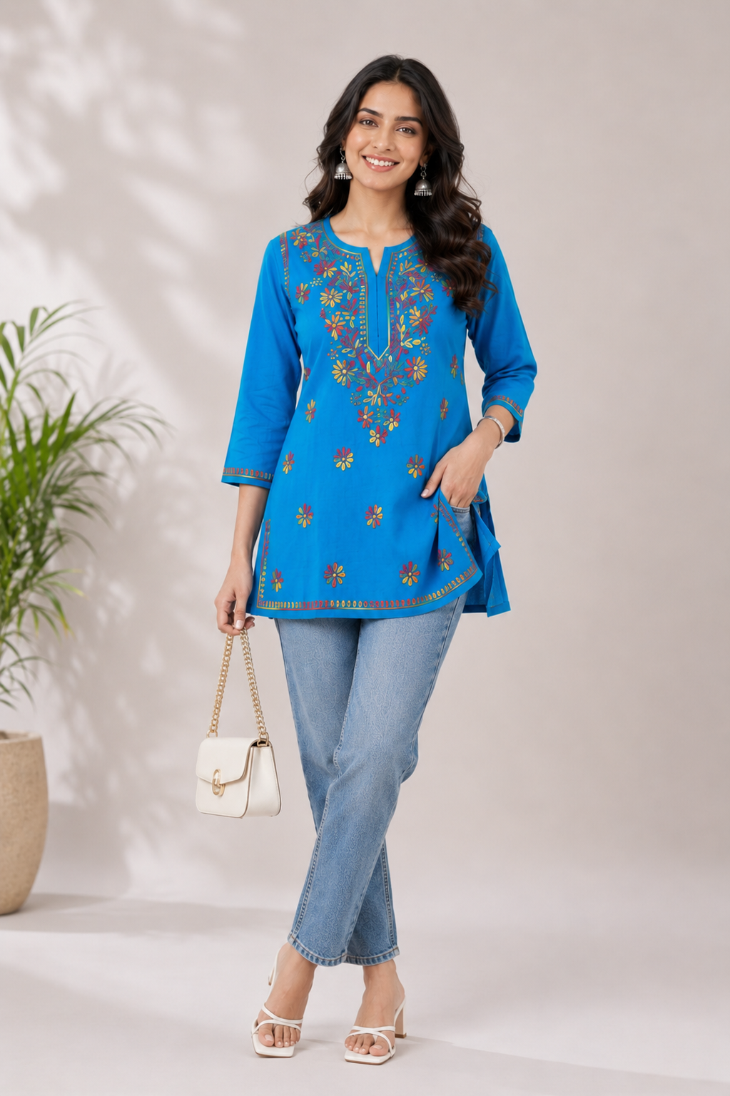 Blue Multicolor Cotton Chikankari Kurti for Women | Lucknowi Hand Embroidered Short Kurti | The Kashi House