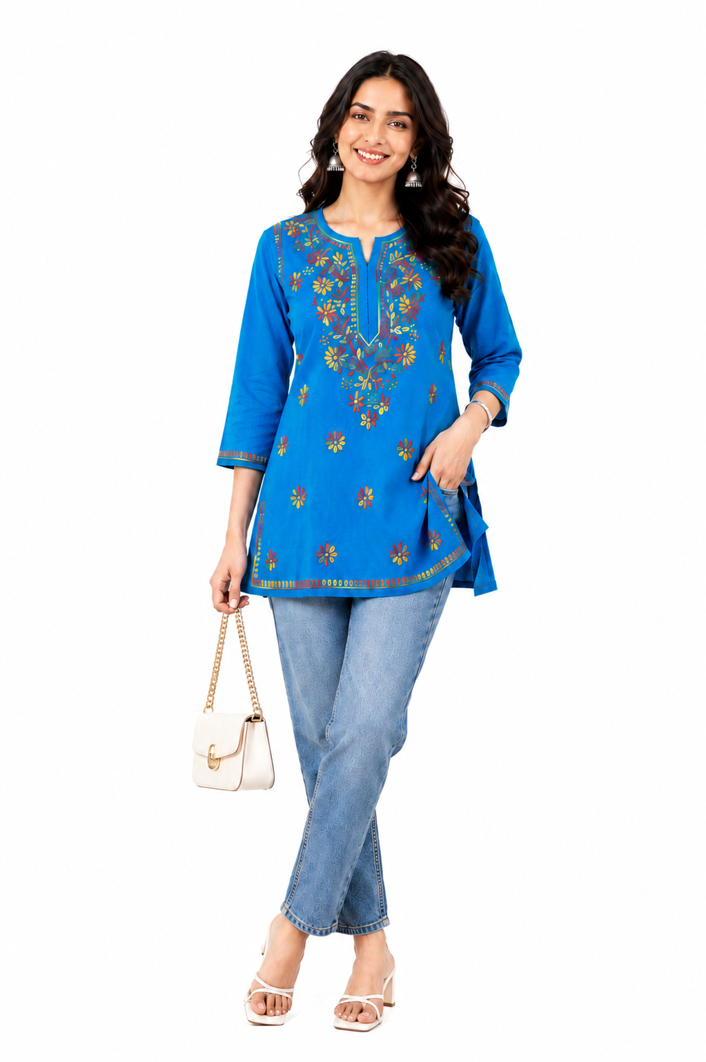 Blue Multicolor Cotton Chikankari Kurti for Women | Lucknowi Hand Embroidered Short Kurti | The Kashi House