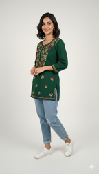 Green Multicolor Cotton Chikankari Kurti for Women | Lucknowi Hand Embroidered Short Kurti | The Kashi House