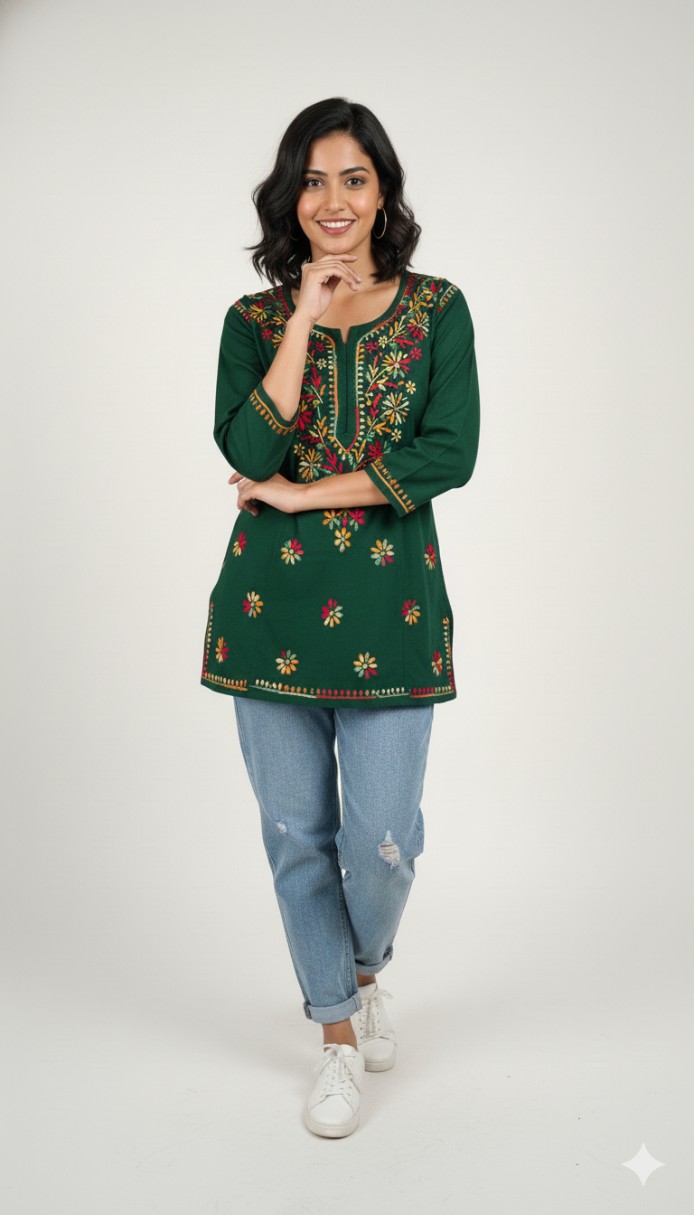 Green Multicolor Cotton Chikankari Kurti for Women | Lucknowi Hand Embroidered Short Kurti | The Kashi House