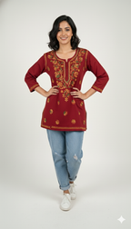 Red Multicolor Cotton Chikankari Kurti for Women | Lucknowi Hand Embroidered Short Kurti | The Kashi House
