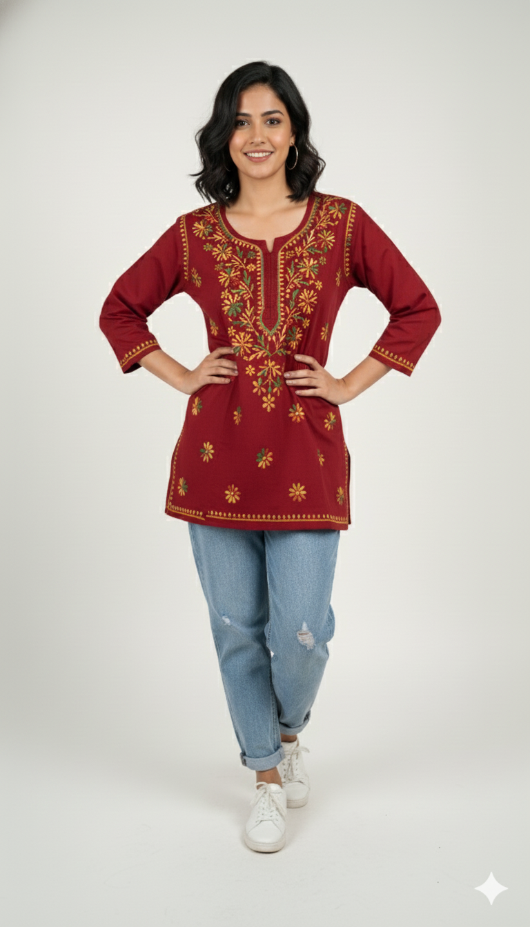 Red Multicolor Cotton Chikankari Kurti for Women | Lucknowi Hand Embroidered Short Kurti | The Kashi House