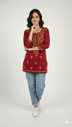 Red Multicolor Cotton Chikankari Kurti for Women | Lucknowi Hand Embroidered Short Kurti | The Kashi House