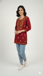 Red Multicolor Cotton Chikankari Kurti for Women | Lucknowi Hand Embroidered Short Kurti | The Kashi House