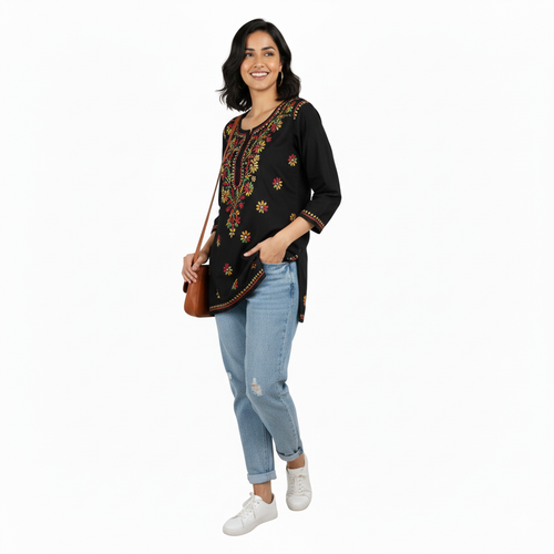 Black Multicolor Cotton Chikankari Kurti for Women | Lucknowi Hand Embroidered Short Kurti | The Kashi House