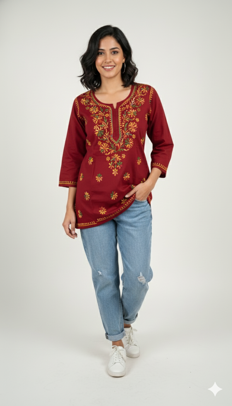 Red Multicolor Cotton Chikankari Kurti for Women | Lucknowi Hand Embroidered Short Kurti | The Kashi House