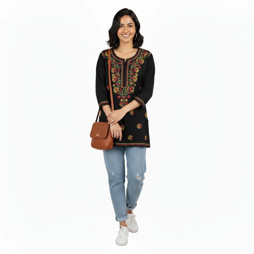 Black Multicolor Cotton Chikankari Kurti for Women | Lucknowi Hand Embroidered Short Kurti | The Kashi House