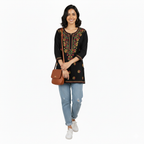 Black Multicolor Cotton Chikankari Kurti for Women | Lucknowi Hand Embroidered Short Kurti | The Kashi House