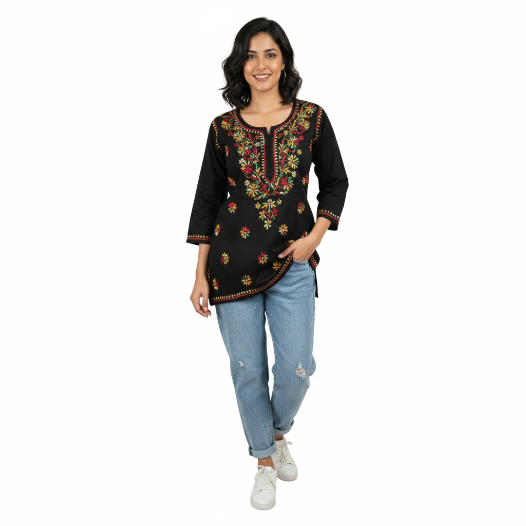 Black Multicolor Cotton Chikankari Kurti for Women | Lucknowi Hand Embroidered Short Kurti | The Kashi House