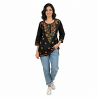 Black Multicolor Cotton Chikankari Kurti for Women | Lucknowi Hand Embroidered Short Kurti | The Kashi House