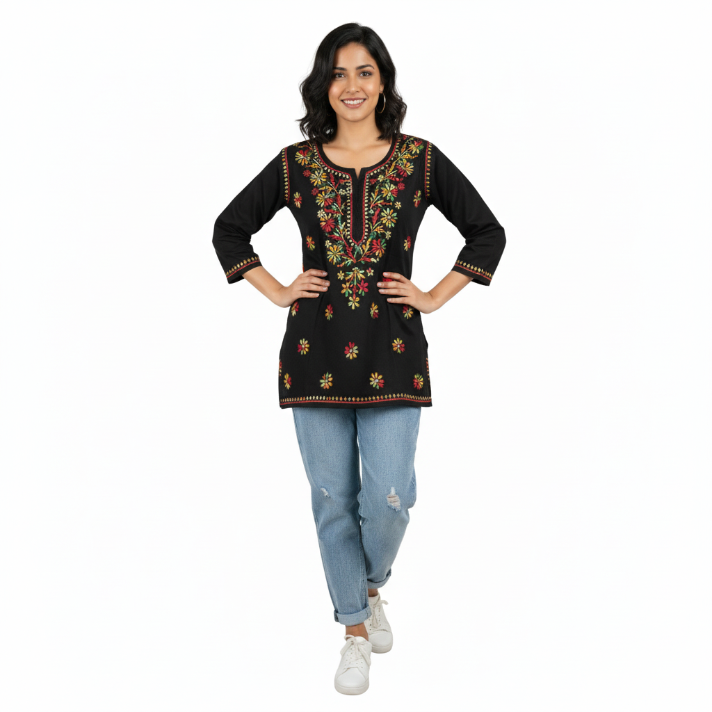 Black Multicolor Cotton Chikankari Kurti for Women | Lucknowi Hand Embroidered Short Kurti | The Kashi House