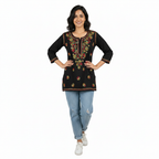 Black Multicolor Cotton Chikankari Kurti for Women | Lucknowi Hand Embroidered Short Kurti | The Kashi House