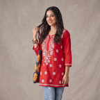 Red Cotton Chikankari Kurti for Women | Lucknowi Hand Embroidered Short Kurti | The Kashi House