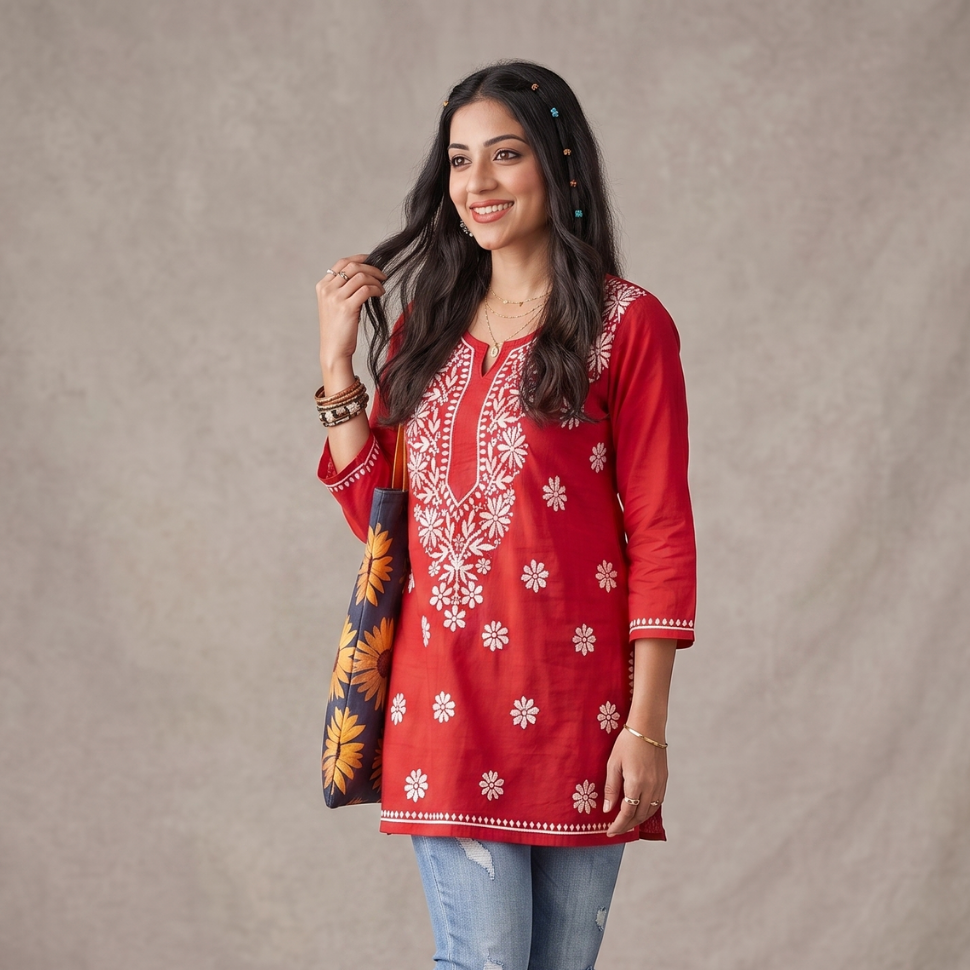 Red Cotton Chikankari Kurti for Women | Lucknowi Hand Embroidered Short Kurti | The Kashi House