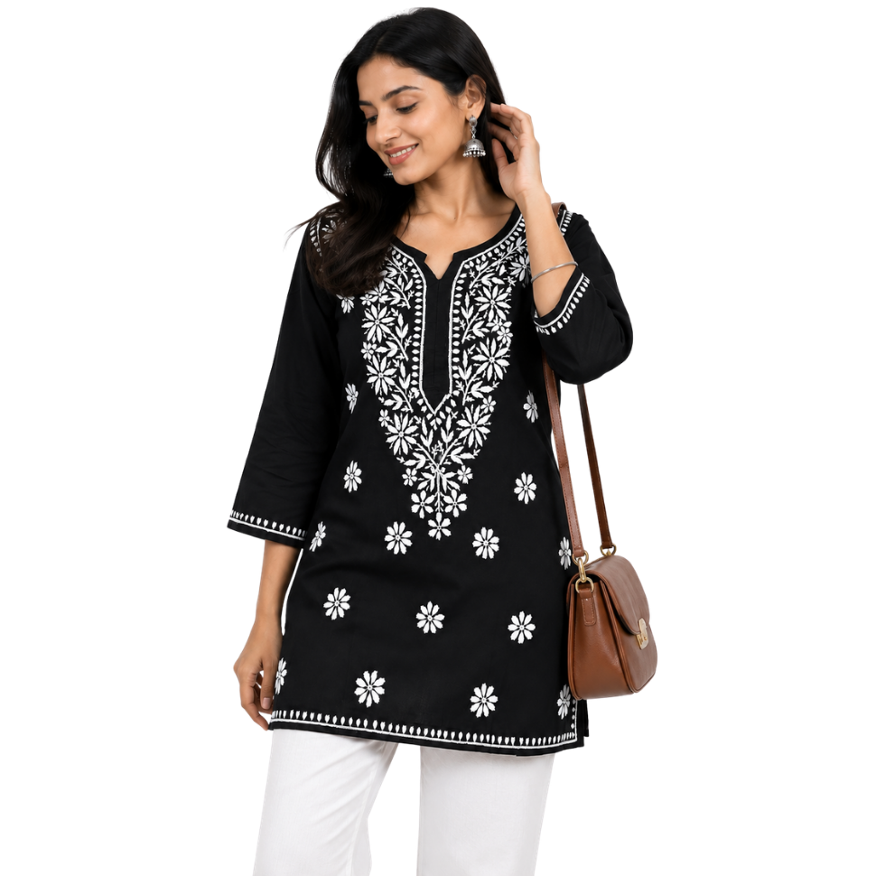Black Cotton Chikankari Kurti for Women | Lucknowi Hand Embroidered Short Kurti | The Kashi House