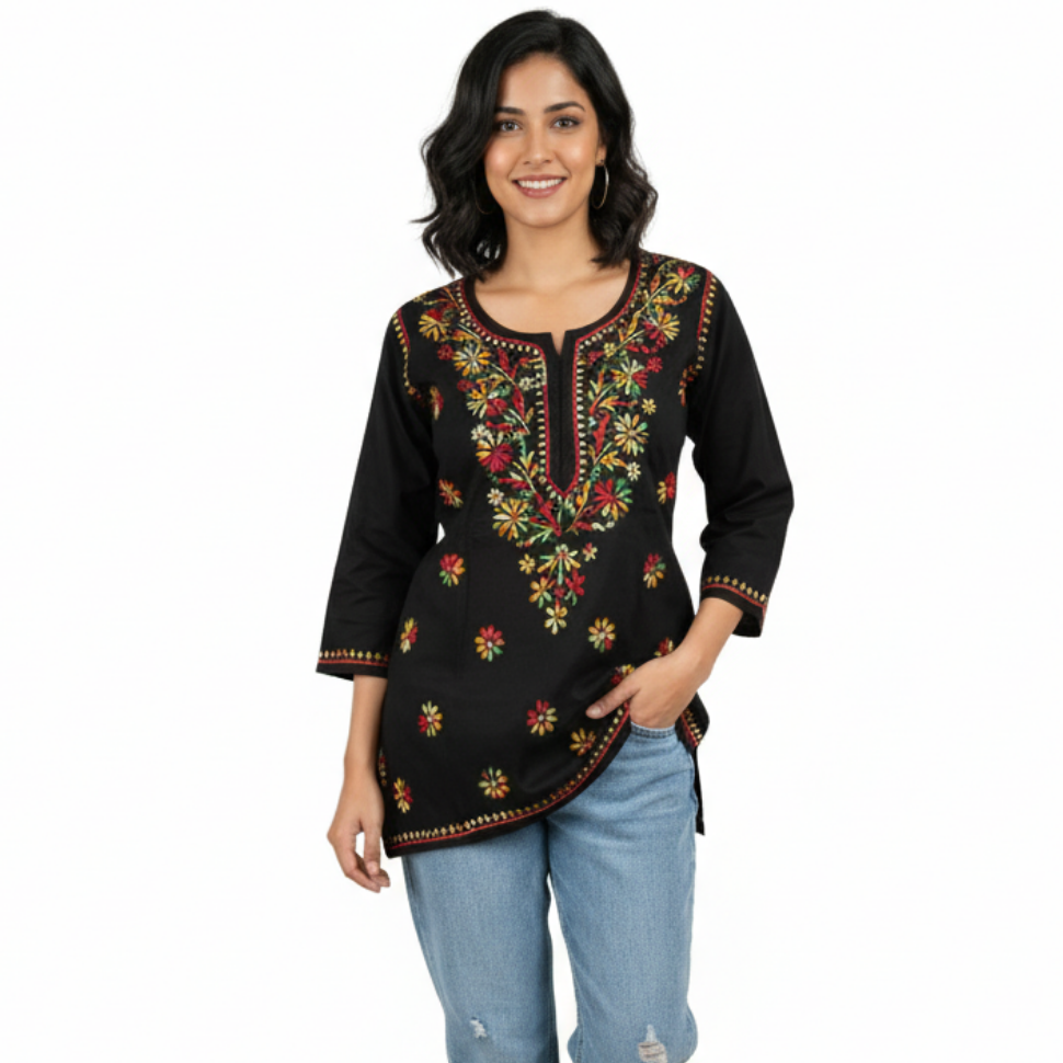 Black Multicolor Cotton Chikankari Kurti for Women | Lucknowi Hand Embroidered Short Kurti | The Kashi House