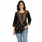 Black Multicolor Cotton Chikankari Kurti for Women | Lucknowi Hand Embroidered Short Kurti | The Kashi House
