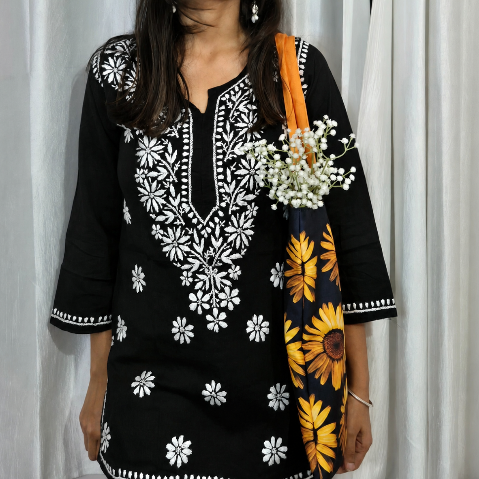 Black Cotton Chikankari Kurti for Women | Lucknowi Hand Embroidered Short Kurti | The Kashi House