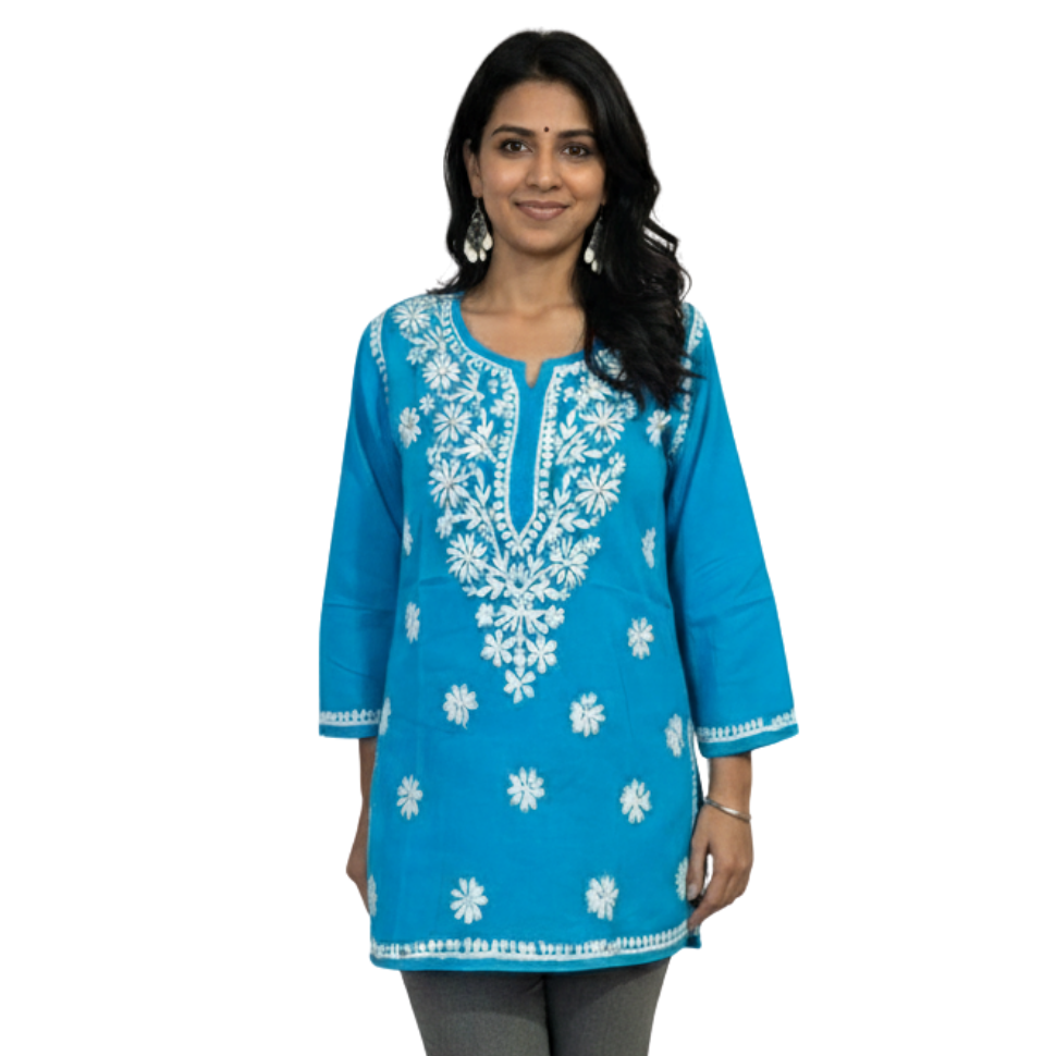 Blue Cotton Chikankari Kurti for Women | Lucknowi Hand Embroidered Short Kurti | The Kashi House