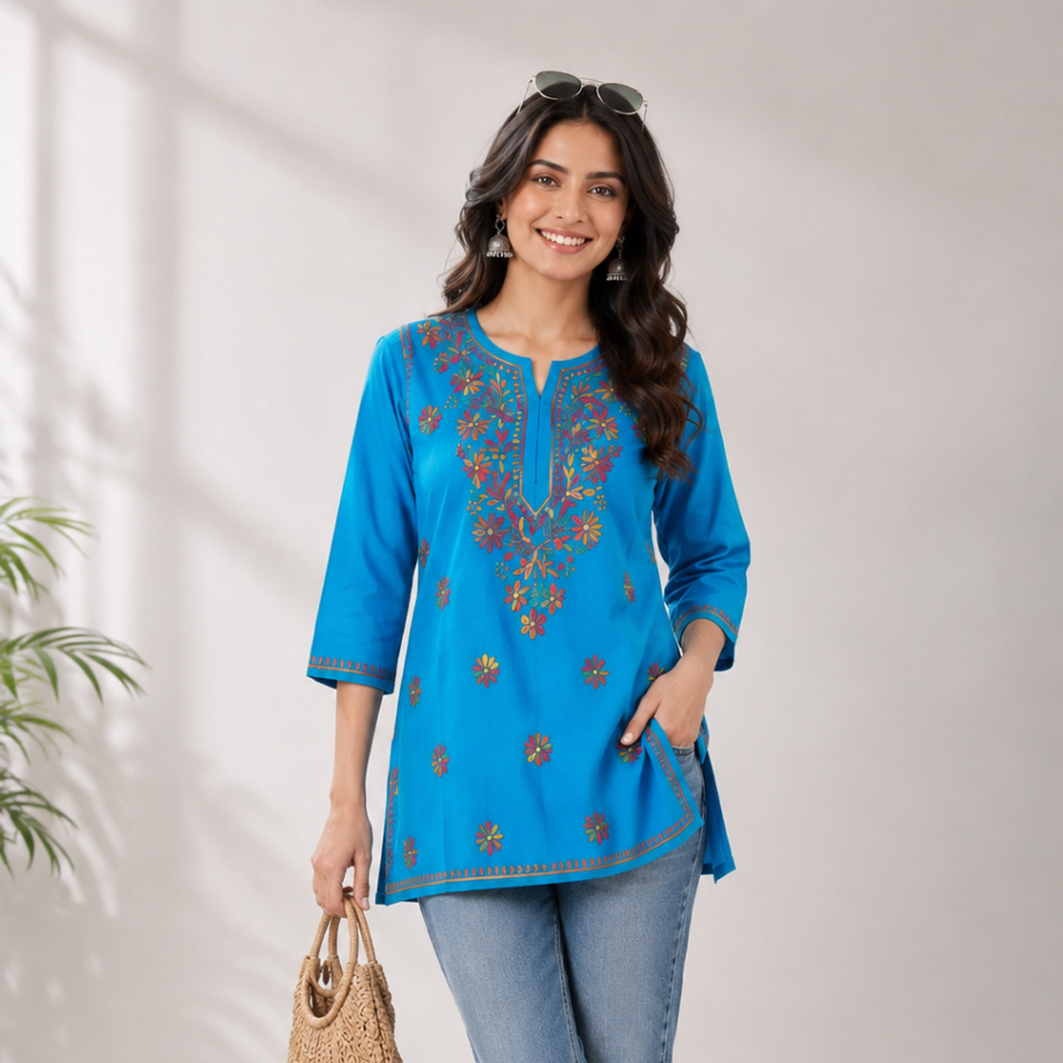 Blue Multicolor Cotton Chikankari Kurti for Women | Lucknowi Hand Embroidered Short Kurti | The Kashi House