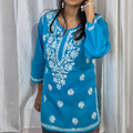 Blue Cotton Chikankari Kurti for Women | Lucknowi Hand Embroidered Short Kurti | The Kashi House