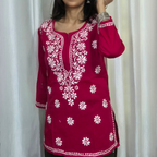 Dark Pink Cotton Chikankari Kurti for Women | Lucknowi Hand Embroidered Short Kurti | The Kashi House