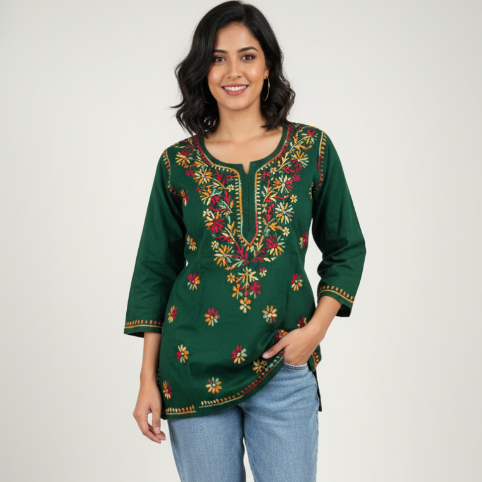 Green Multicolor Cotton Chikankari Kurti for Women | Lucknowi Hand Embroidered Short Kurti | The Kashi House