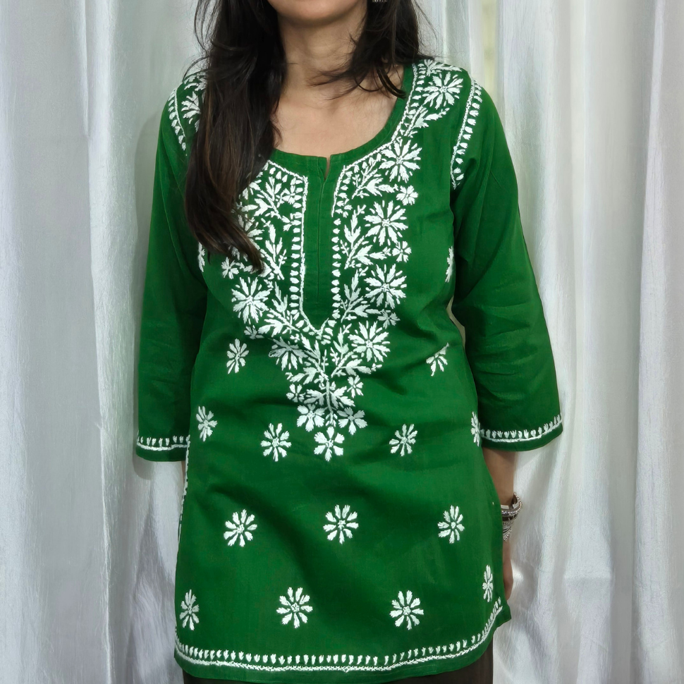 Green Cotton Chikankari Kurti for Women | Lucknowi Hand Embroidered Short Kurti | The Kashi House