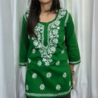 Green Cotton Chikankari Kurti for Women | Lucknowi Hand Embroidered Short Kurti | The Kashi House