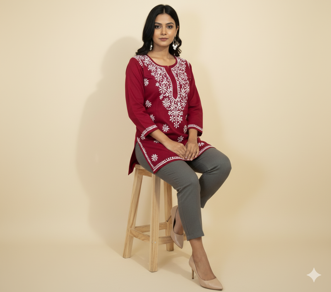 Maroon Cotton Chikankari Kurti for Women | Lucknowi Hand Embroidered Short Kurti | The Kashi House