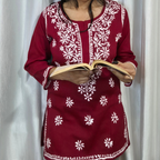 Maroon Cotton Chikankari Kurti for Women | Lucknowi Hand Embroidered Short Kurti | The Kashi House
