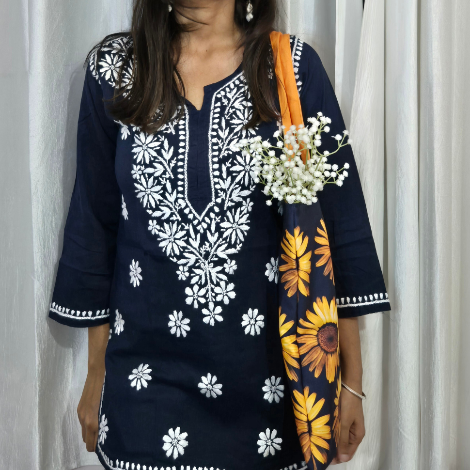 Navy Blue Cotton Chikankari Kurti for Women | Lucknowi Hand Embroidered Short Kurti | The Kashi House