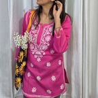Pink Cotton Chikankari Kurti for Women | Lucknowi Hand Embroidered Short Kurti | The Kashi House
