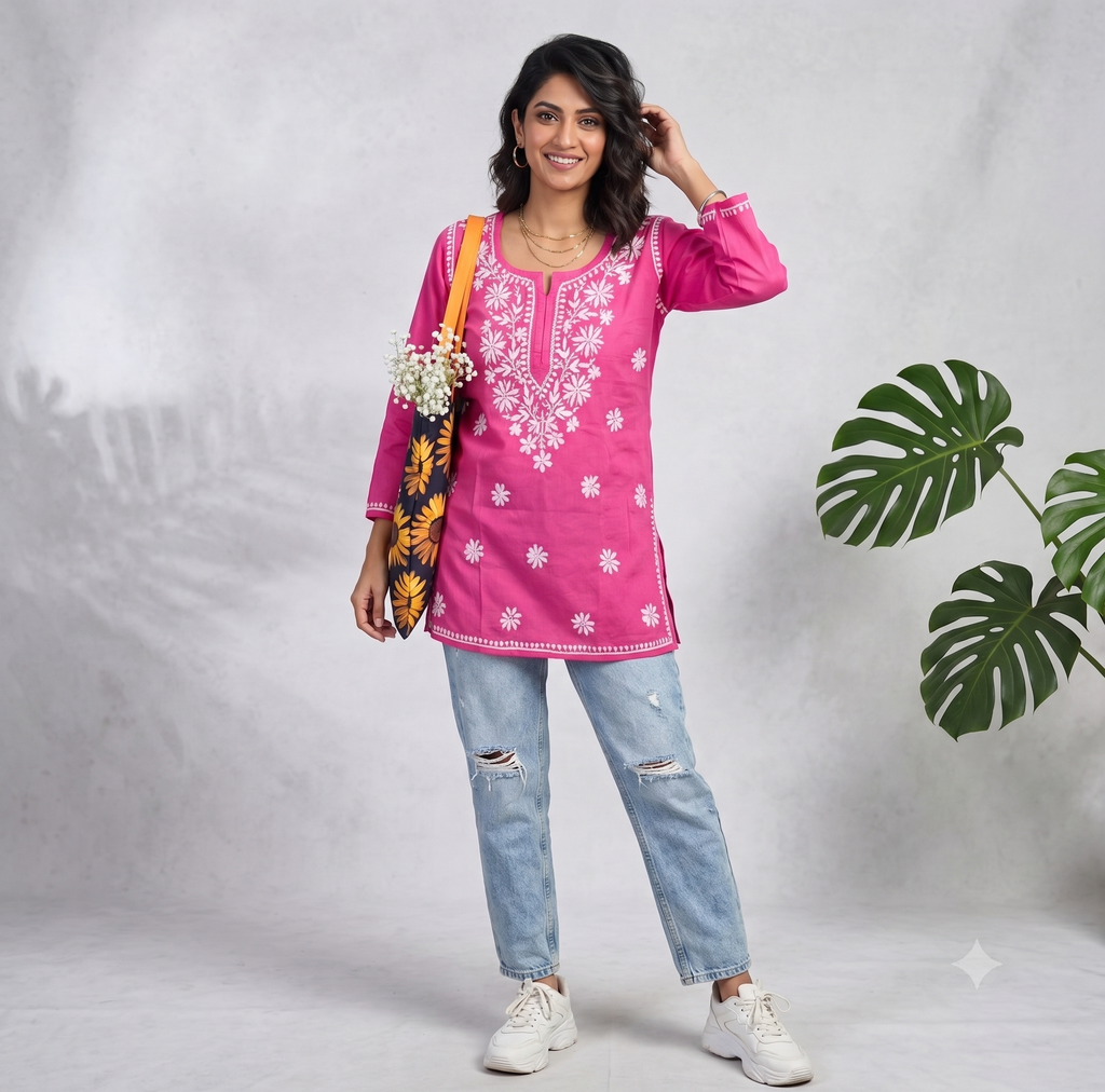 Pink Cotton Chikankari Kurti for Women | Lucknowi Hand Embroidered Short Kurti | The Kashi House