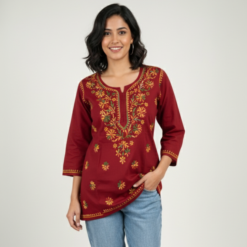 Red Multicolor Cotton Chikankari Kurti for Women | Lucknowi Hand Embroidered Short Kurti | The Kashi House