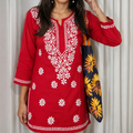 Red Cotton Chikankari Kurti for Women | Lucknowi Hand Embroidered Short Kurti | The Kashi House