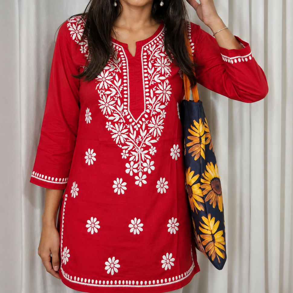 Red Cotton Chikankari Kurti for Women | Lucknowi Hand Embroidered Short Kurti | The Kashi House