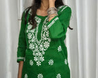 Green Cotton Chikankari Kurti for Women | Lucknowi Hand Embroidered Short Kurti | The Kashi House