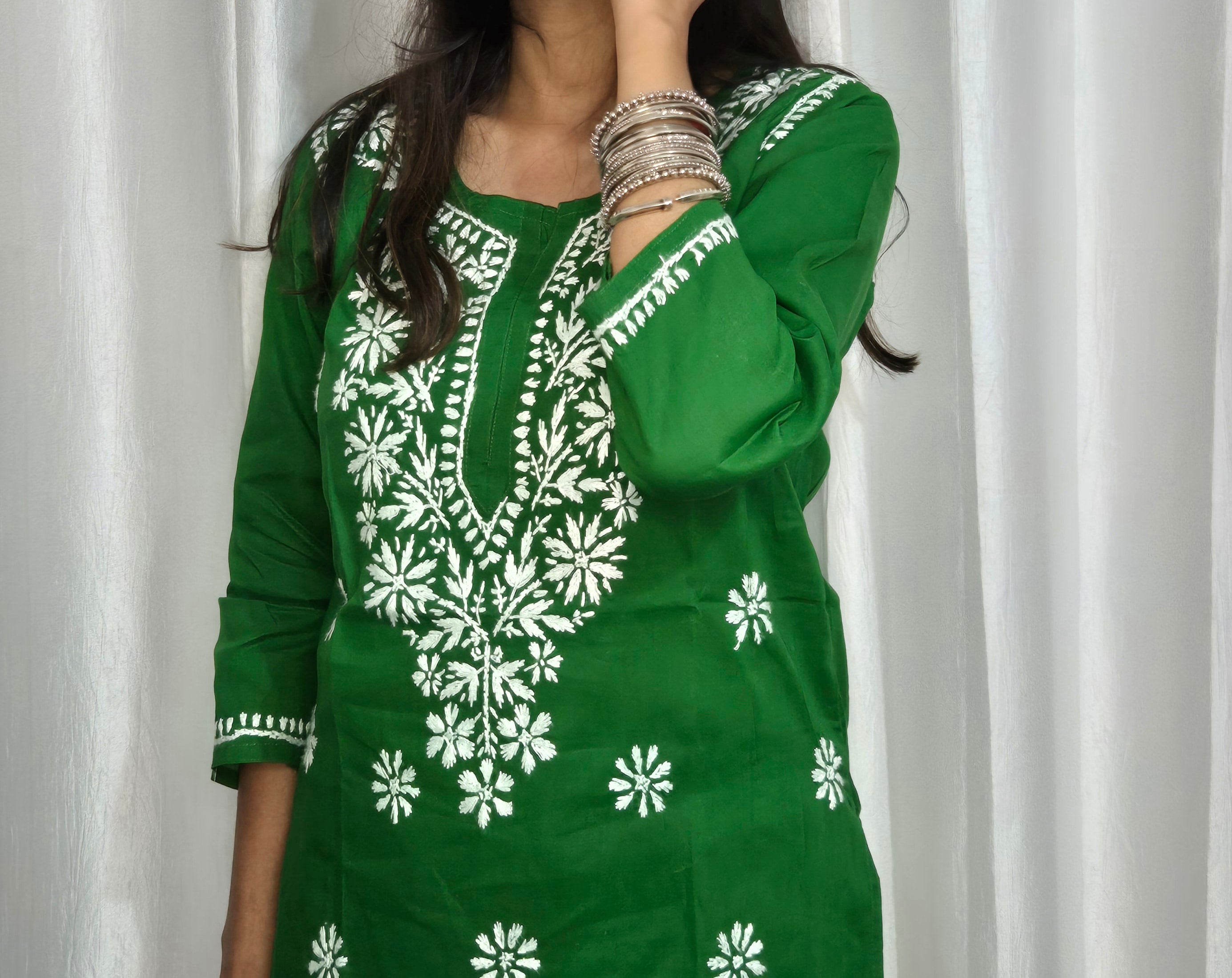 Green Cotton Chikankari Kurti for Women | Lucknowi Hand Embroidered Short Kurti | The Kashi House