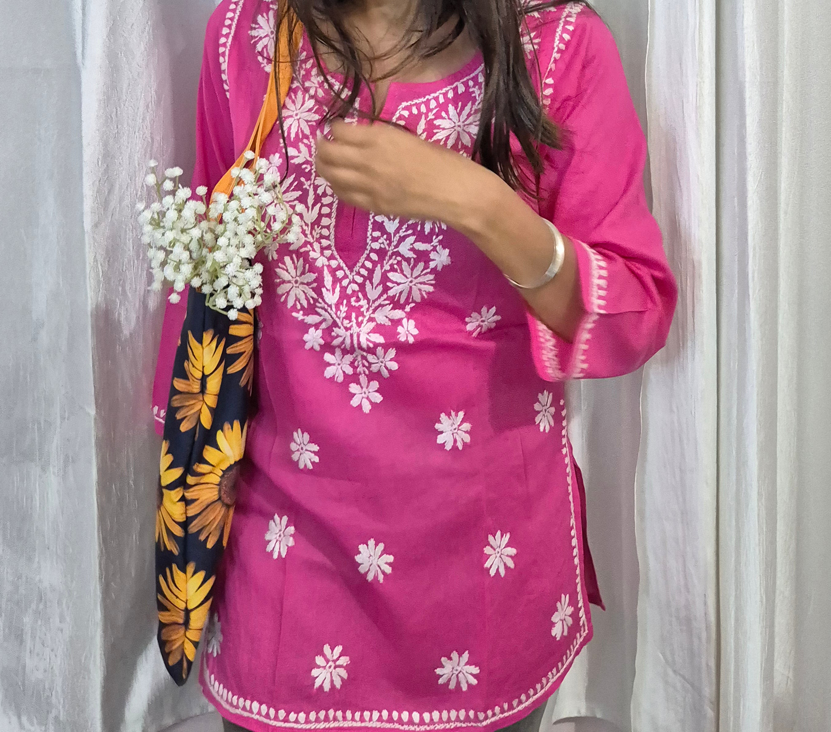 Pink Cotton Chikankari Kurti for Women | Lucknowi Hand Embroidered Short Kurti | The Kashi House