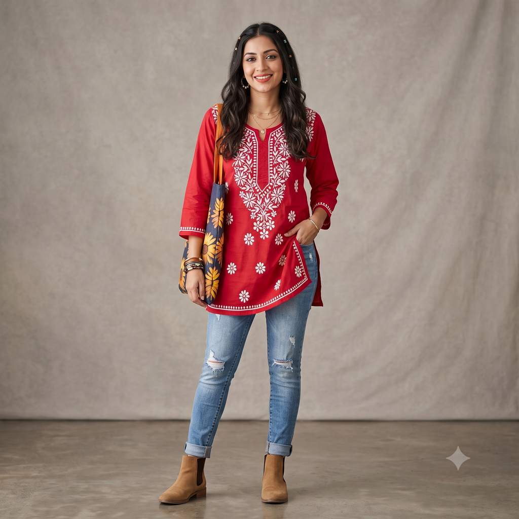 Red Cotton Chikankari Kurti for Women | Lucknowi Hand Embroidered Short Kurti | The Kashi House