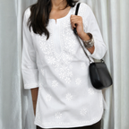 White Cotton Chikankari Kurti for Women | Lucknowi Hand Embroidered Short Kurti | The Kashi House